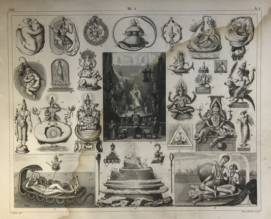 Iconographic Engravings – The Fine Arts (1851) MYTHOLOGY India Vishnu Ravana Buddhist Temple Sri SIva