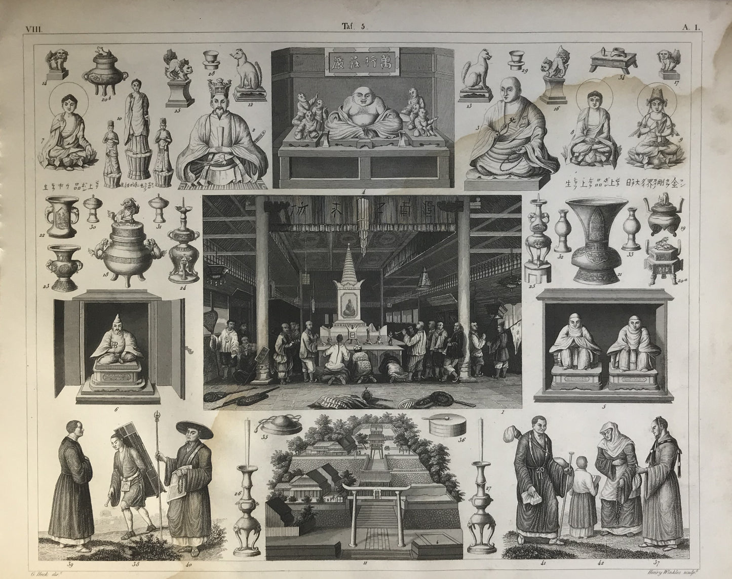 Iconographic Engravings – The Fine Arts (1851) Buddha Inari Hoi Tong Monastery Monks Japan Rituals vintage komainu prints