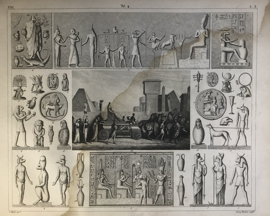 Iconographic Engravings – The Fine Arts (1851)  Egyptian religion. Among them Anubis, Isis, Osiris, Horus.