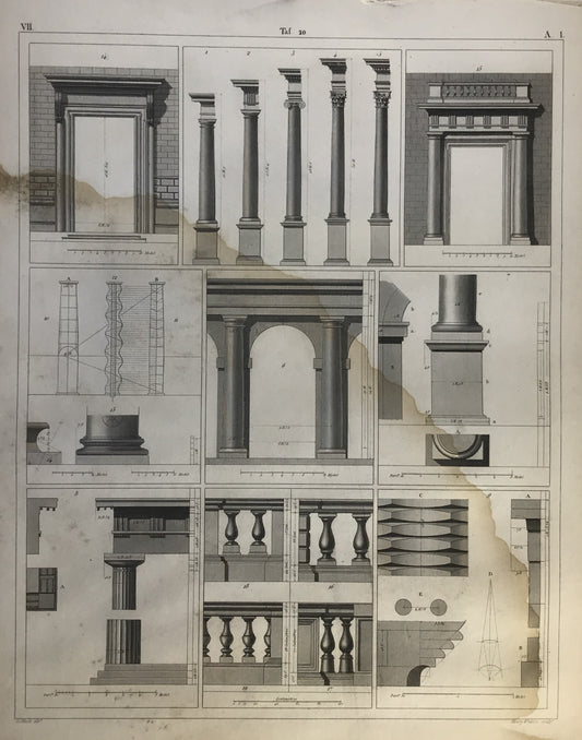 Iconographic Engravings – The Fine Arts (1851) Greek Doric, Ionic and Corinthian Capitals, Columns and bases print, ornament designs orders plate.