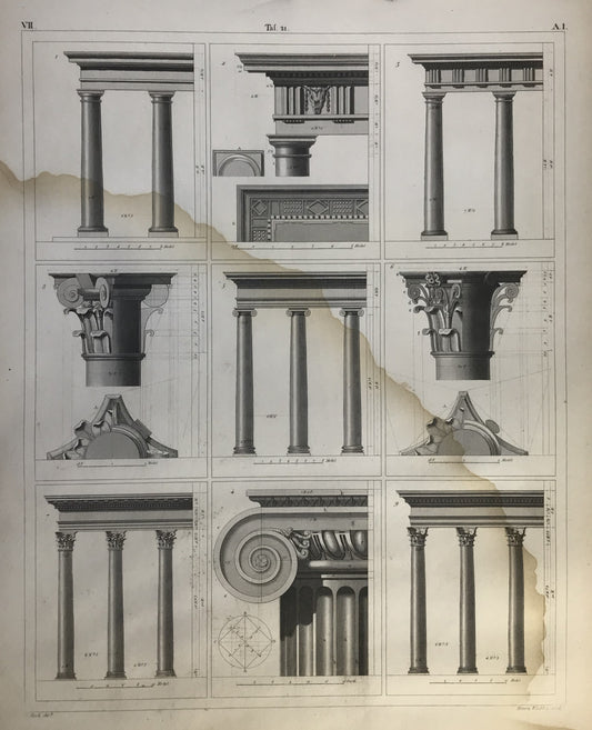 Iconographic Engravings – The Fine Arts (1851)  Greek Doric, Ionic and Corinthian Capitals, Columns and bases print, ornament designs orders plates