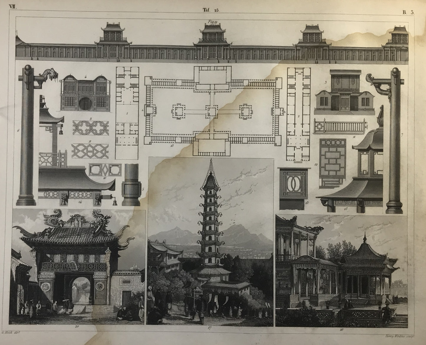 Iconographic Engravings – The Fine Arts (1851) Antique Print. China Porcelain Tower, Palace