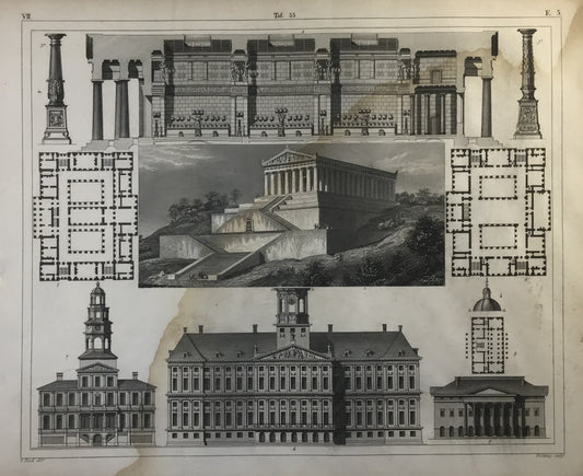 Iconographic Engravings – The Fine Arts (1851) Old Architecture print of Walhalla Regensburg Royal Palace Dam square Amsterdam