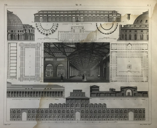 Iconographic Engravings – The Fine Arts (1851) antique architecture print about market halls