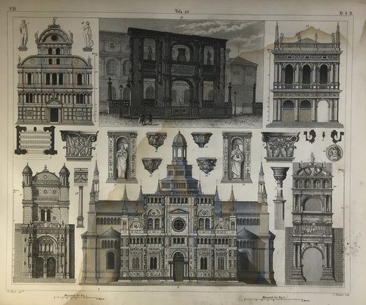 Iconographic Engravings – The Fine Arts (1851) Certosa di Pavia Vintage Architecture