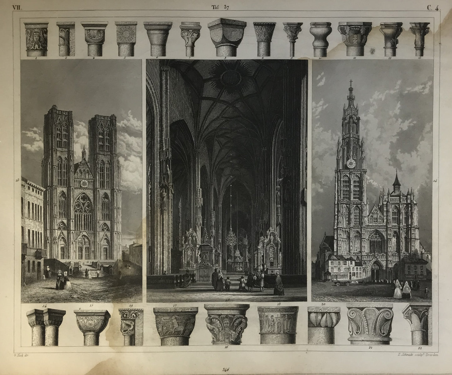 Iconographic Engravings – The Fine Arts (1851) Gothic cathedrals in Europe, likely including depictions of famous structures such as the Cathedral of Our Lady