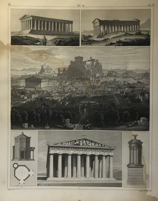 Iconographic Engravings – The Fine Arts (1851) View Ancient Athens-Parthenon-Sicily Temple