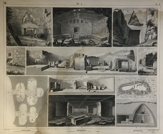 Iconographic Engravings – The Fine Arts (1851) ANCIENT Ruins Temple Mycene Atreus Tombe Ancient Tiryns Tarquinia