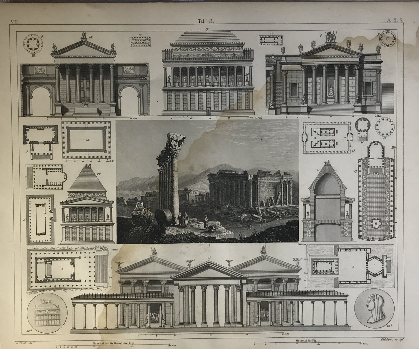 Iconographic Engravings – The Fine Arts (1851)  illustration of ancient Greek and Roman temples. The layout includes elevations, floor plans, and cross-sections of various classical structures