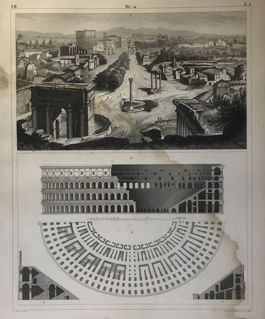 Iconographic Engravings – The Fine Arts (1851) illustration of ancient Rome, focusing particularly on the Roman Forum and the Colosseum