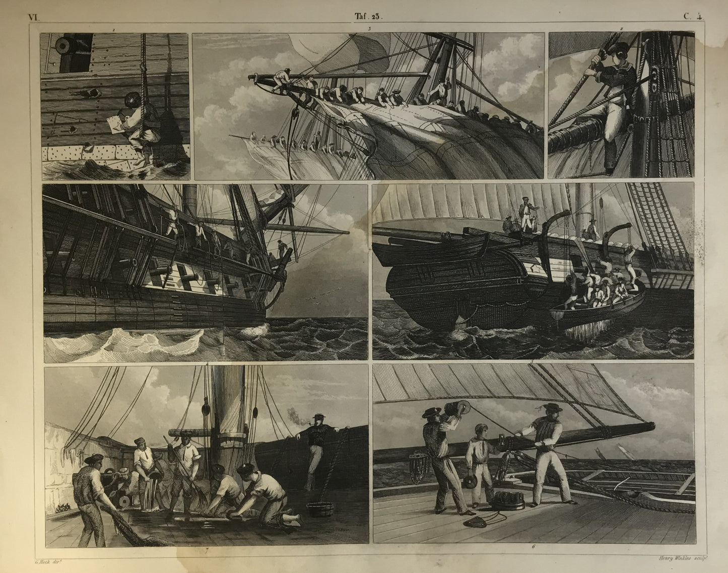 Iconographic Engravings – The Fine Arts (1851) Maritime Life Plate  life on a ship, with intricate detailing that brings each element of maritime activity to life.