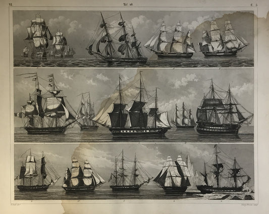 Iconographic Engravings – The Fine Arts (1851) various 19th-century sailing ships, showing a range of naval and merchant vessels