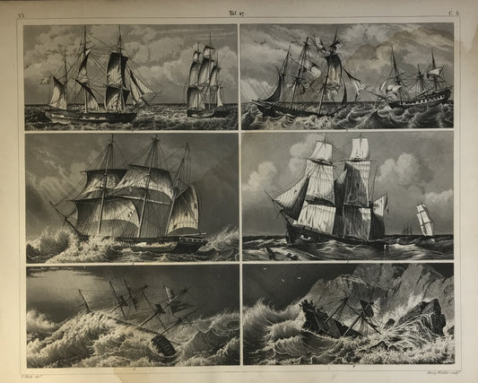 Iconographic Engravings – The Fine Arts (1851)  dynamic scenes of ships battling fierce seas and turbulent weather, showcasing both the majesty of sailing vessels and the perilous nature of seafaring