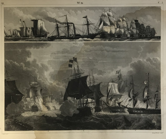 Iconographic Engravings – The Fine Arts (1851) depiction of naval battles featuring warships from the 18th or 19th century