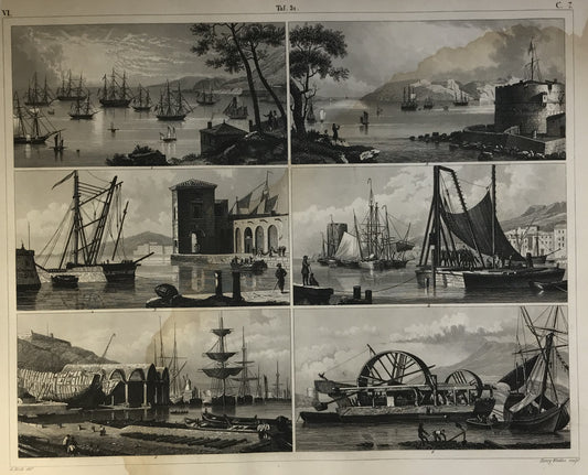 Iconographic Engravings – The Fine Arts (1851) Naval print of ports 1856 antique illustration arsenal mast crane roadsted port dredger boat ship nautical