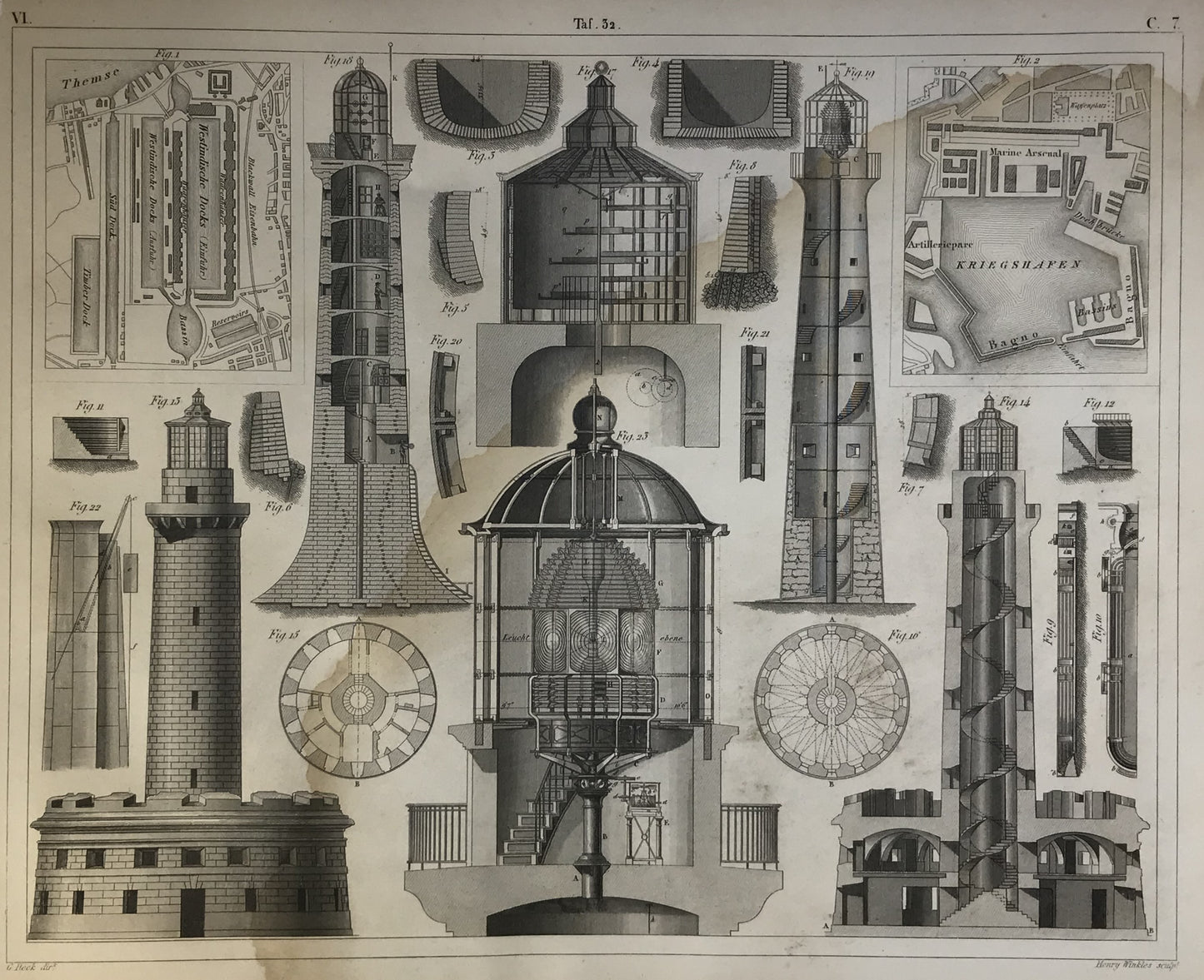 Iconographic Engravings – The Fine Arts (1851)  Lighthouses - antique maritime poster pictures about beacon design Toulon London