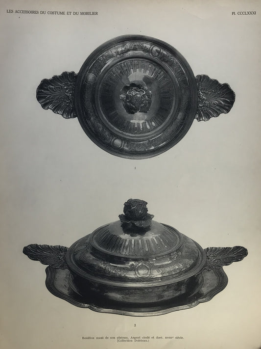 Iconographic Engravings – The Fine Arts (1851)  18th-century silver tureen with a lid and tray, labeled as "Bouillon muni de son plateau"