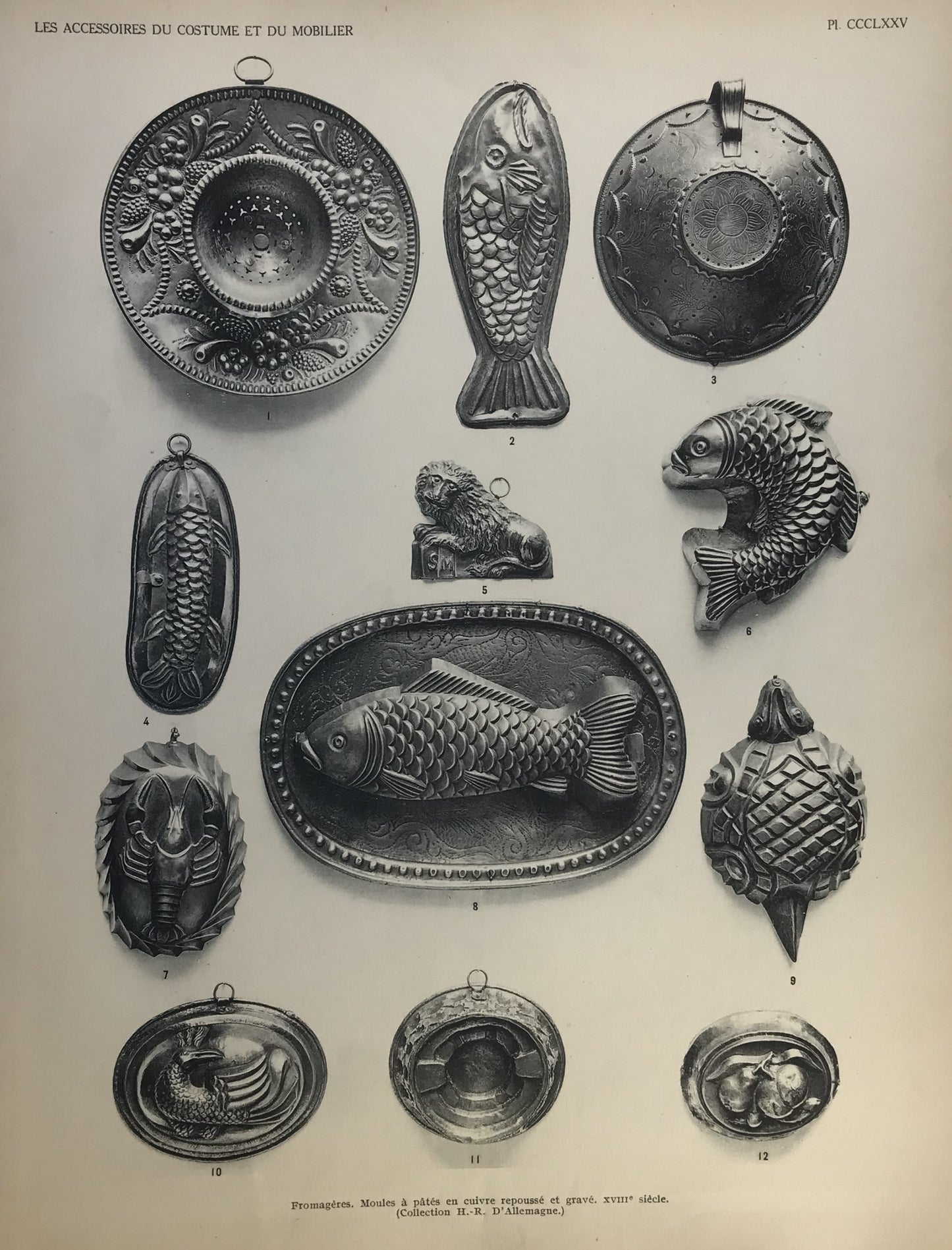 Iconographic Engravings – The Fine Arts (1851) 18th-century copper food molds (moules à pâtés en cuivre) used for shaping cheese or pâté