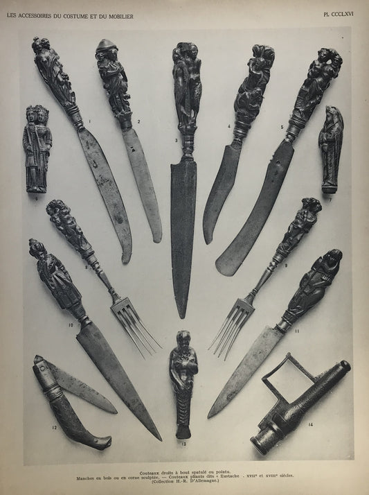 Iconographic Engravings – The Fine Arts (1851) 17th and 18th-century knives and forks with carved wooden or horn handles