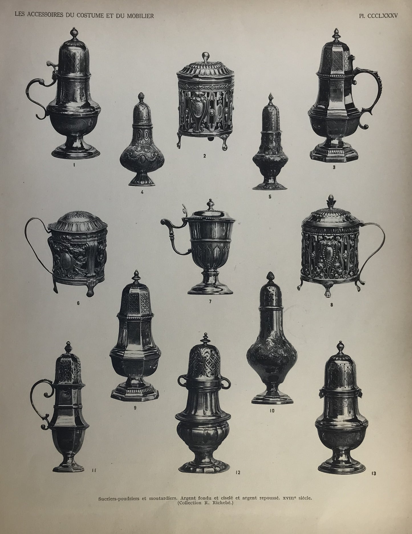 Iconographic Engravings – The Fine Arts (1851) French Print of 18th Century Silver Sugar Shakers and Mustard Pots - Plate CCCLXXXV