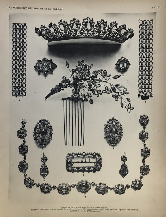 Iconographic Engravings – The Fine Arts (1851) Antique French Print of Ornate Gold and Topaz Jewelry