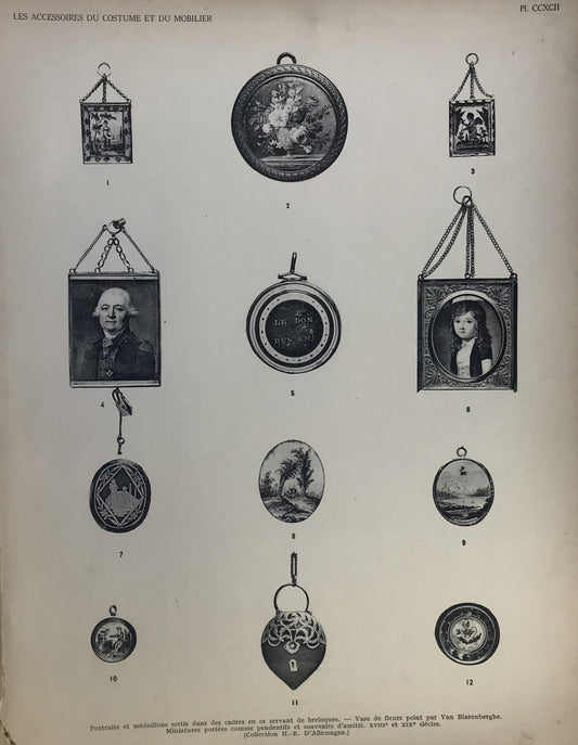 Iconographic Engravings – The Fine Arts (1851) antique portraits and medallions, framed in various styles and possibly used as charms or keepsakes