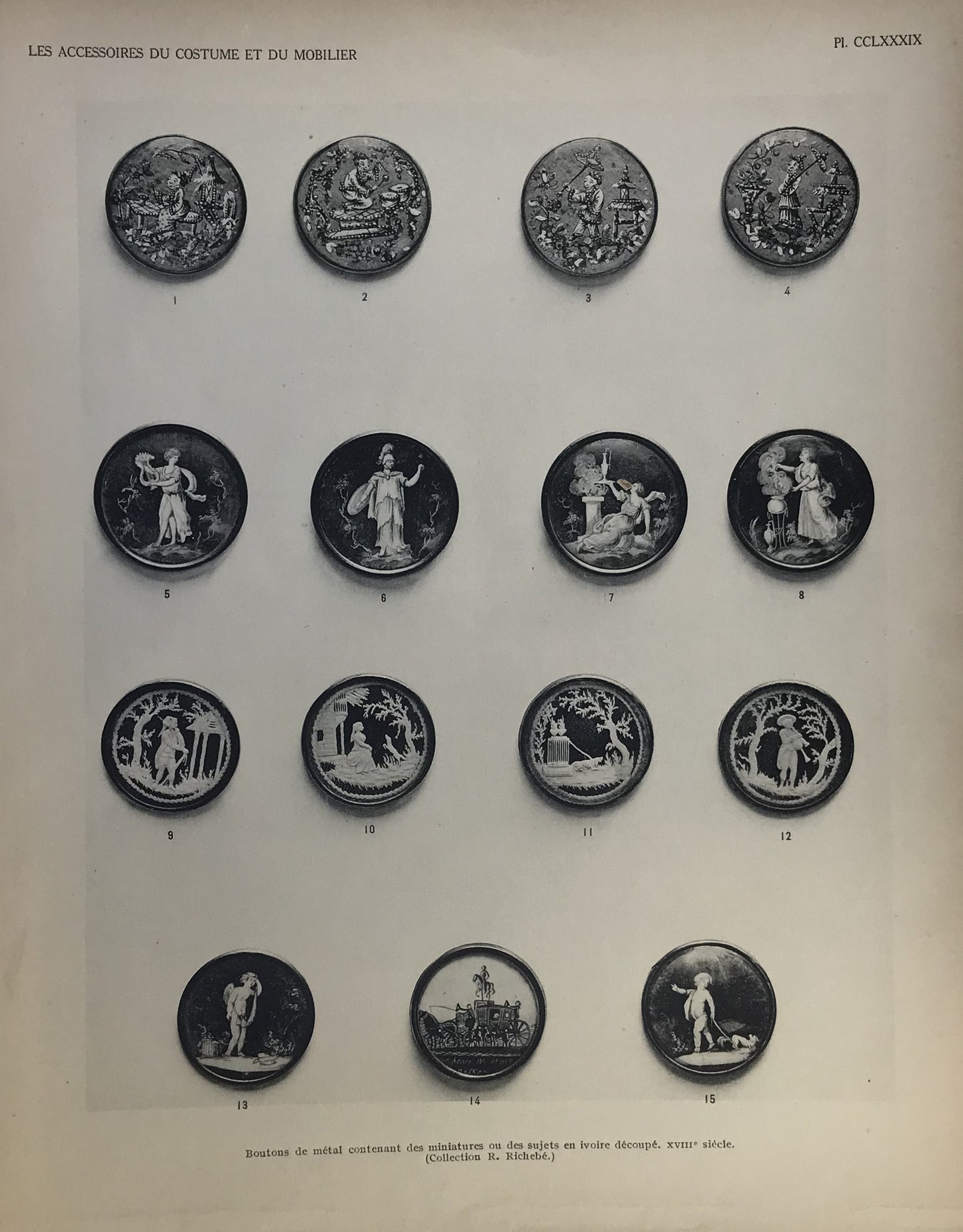 Iconographic Engravings – The Fine Arts (1851) French Print - Metal Buttons with Miniature Ivory Cutouts - Plate CCLXXXIX