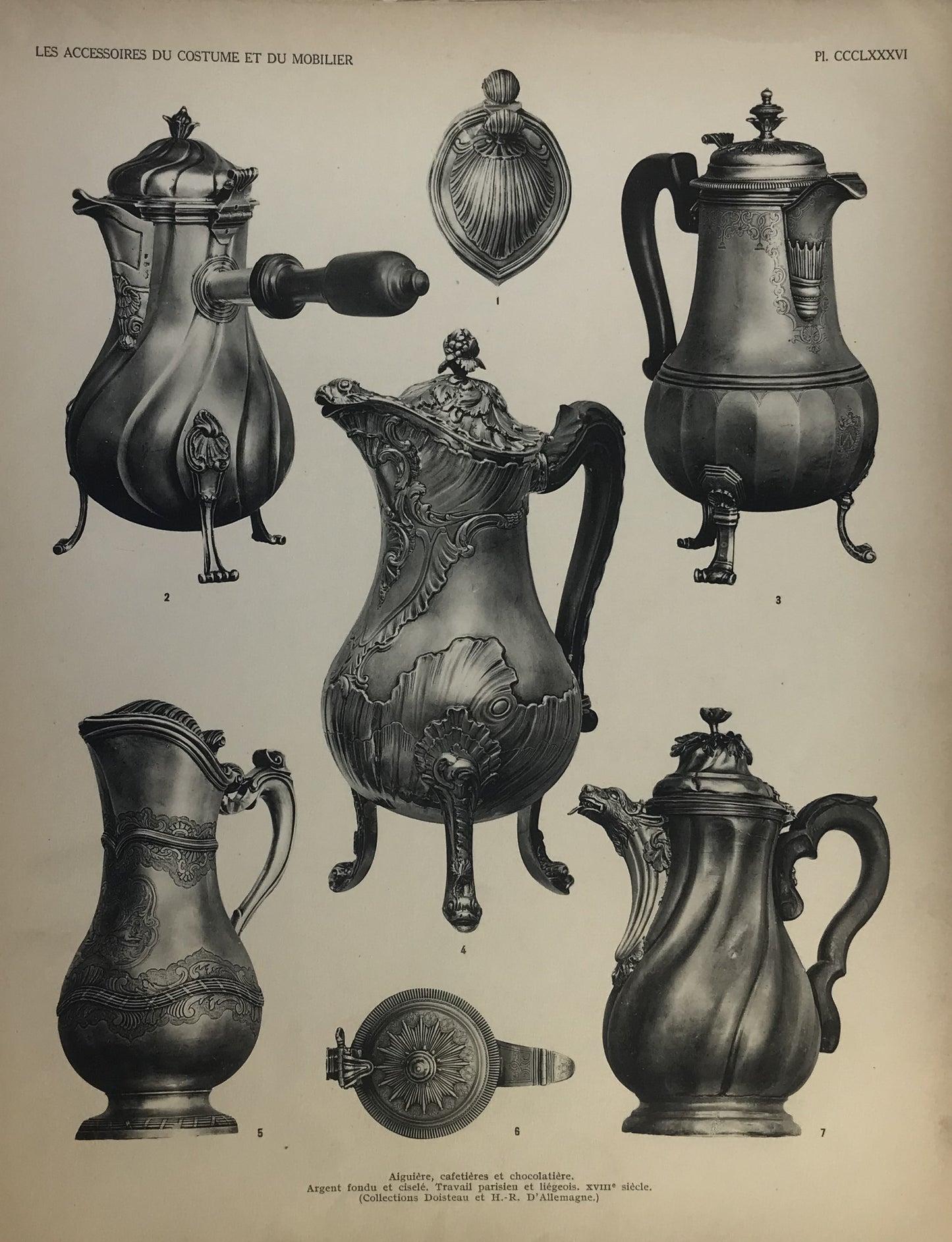 Iconographic Engravings – The Fine Arts (1851)  18th-century silver vessels (likely coffee pots, chocolate pots, and ewers)