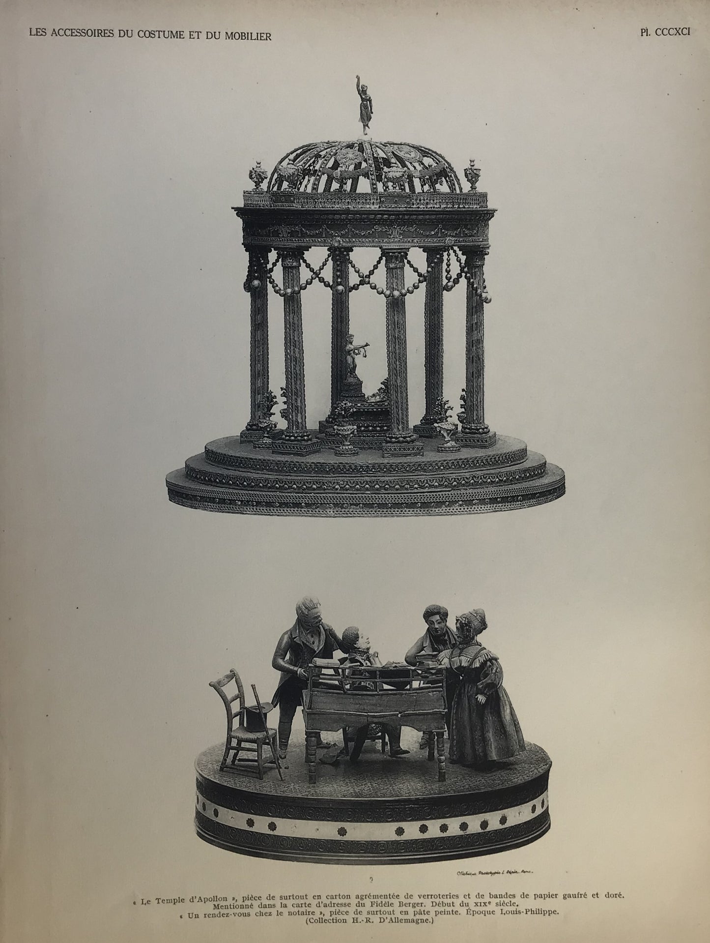 Iconographic Engravings – The Fine Arts (1851)  French Print - Les Accessoires du Costume et du Mobilier, Plate CCCXCI - "Temple of Apollo" Diorama and "Notary's Meeting" Figurines