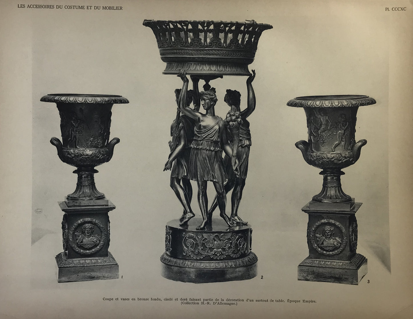 Iconographic Engravings – The Fine Arts (1851) French Print - Les Accessoires du Costume et du Mobilier, Plate CCCXC - Empire Period Bronze Table Decor