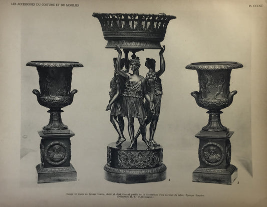 Iconographic Engravings – The Fine Arts (1851) French Print - Les Accessoires du Costume et du Mobilier, Plate CCCXC - Empire Period Bronze Table Decor