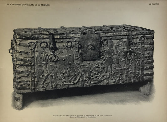 Iconographic Engravings – The Fine Arts (1851) large antique oak chest adorned with ironwork and decorative motifs, possibly from the 13th century