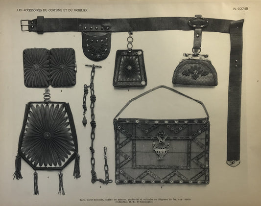 Iconographic Engravings – The Fine Arts (1851) Antique French Print - Les Accessoires du Costume et du Mobilier, Plate CCCVIII - 19th Century Decorative Purses and Accessories