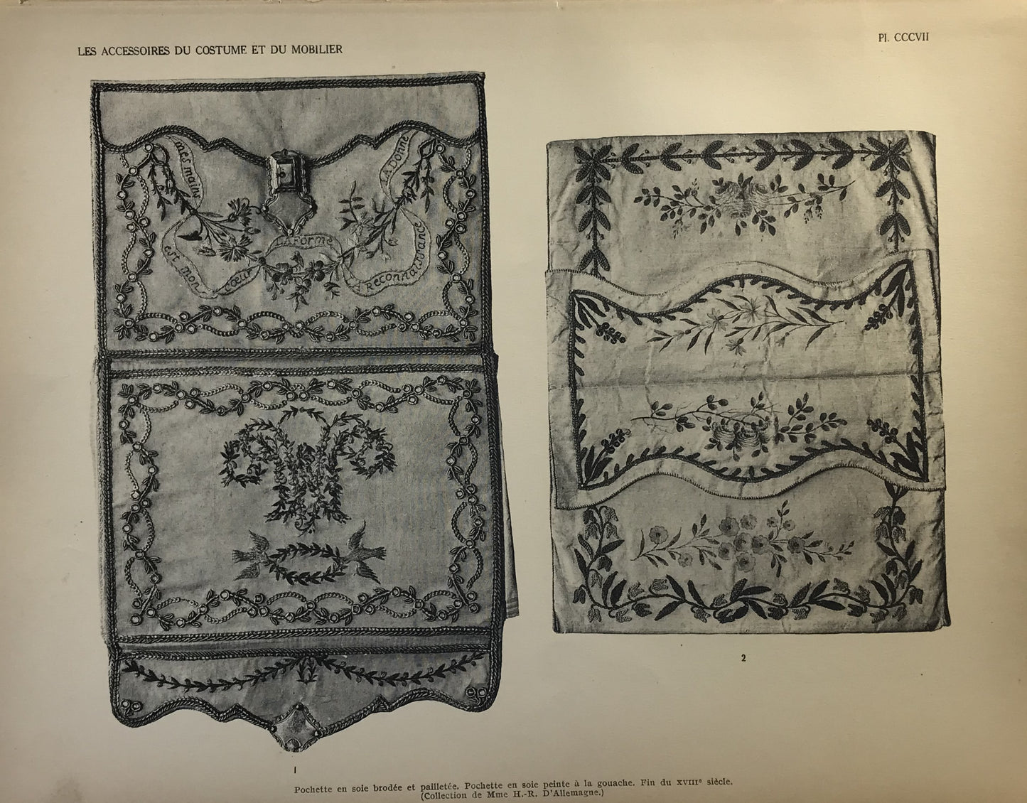 Iconographic Engravings – The Fine Arts (1851) Antique French Embroidered Silk Pouches Print - Les Accessoires du Costume et du Mobilier 18th Century Floral Silk Embroidery Art