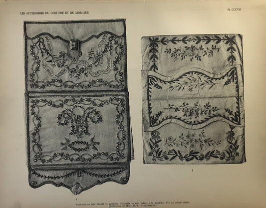 Iconographic Engravings – The Fine Arts (1851) Antique French Embroidered Silk Pouches Print - Les Accessoires du Costume et du Mobilier 18th Century Floral Silk Embroidery Art