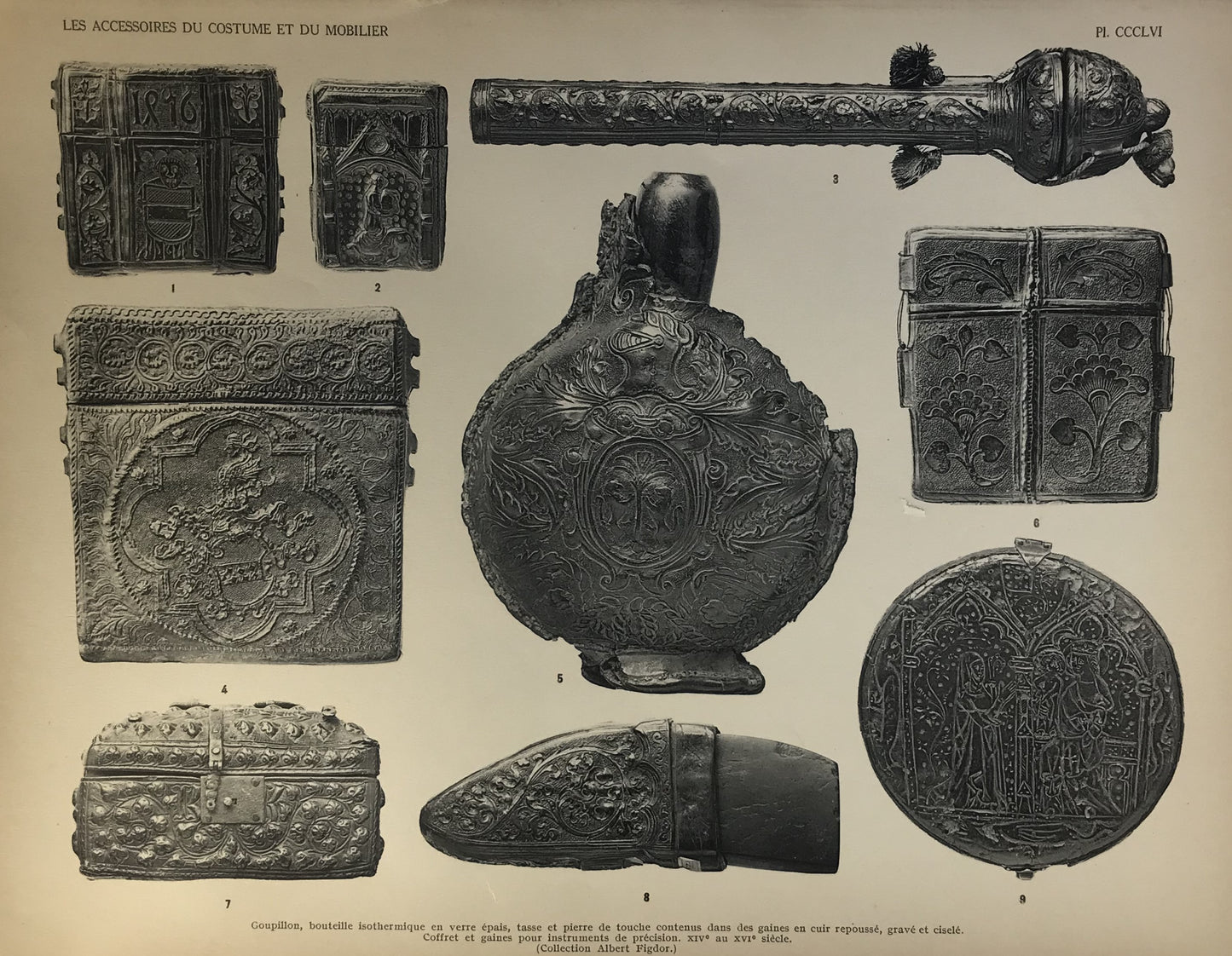 Iconographic Engravings – The Fine Arts (1851) Antique Print - Ornate 17th-18th Century Leather Cases & Bottles