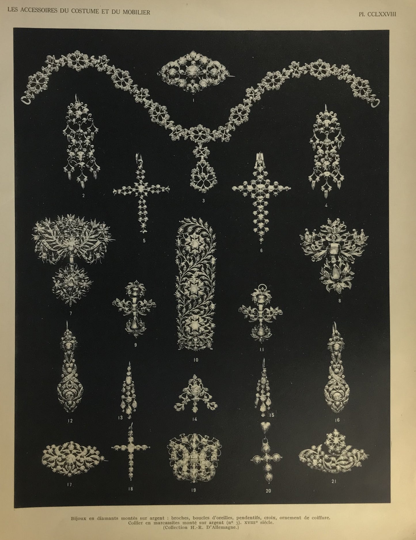 Iconographic Engravings – The Fine Arts (1851) illustration of 18th-century jewelry, including diamond-set brooches, earrings, pendants, crosses, and hair ornaments, mounted in silver.