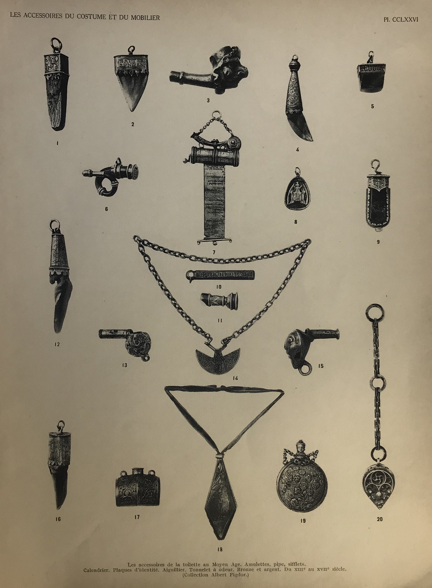 Iconographic Engravings – The Fine Arts (1851) illustrates various medieval and early modern accessories, including amulets, pipes, whistles, identity plaques, and other personal items.