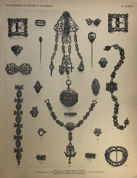 Iconographic Engravings – The Fine Arts (1851) Antique Print - 18th Century Marcasite Jewelry Collection - Les Accessoires du Costume et du Mobilier, Plate CCLXXVII