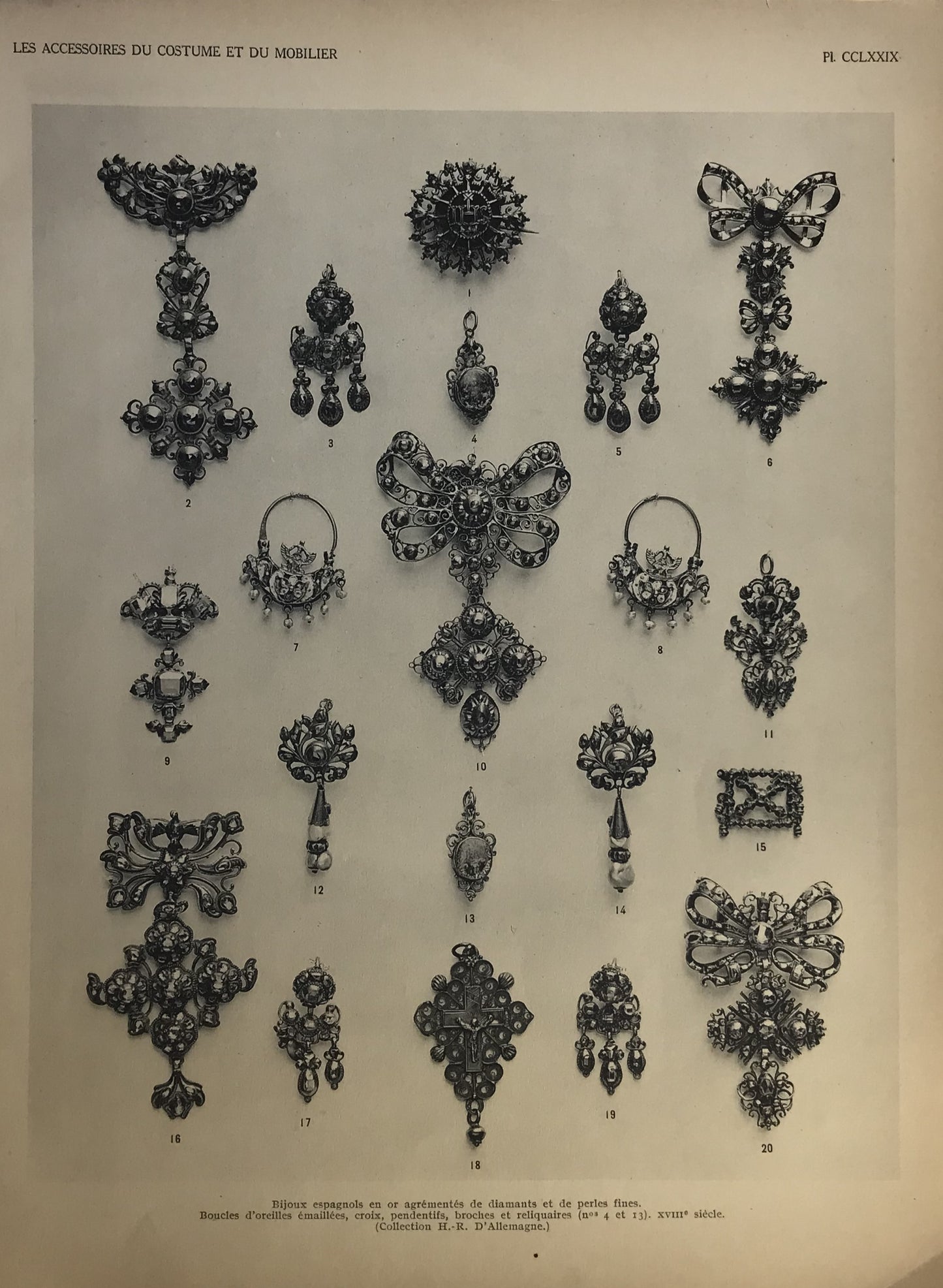 Iconographic Engravings – The Fine Arts (1851) - 18th Century Spanish Gold Jewelry with Diamonds &amp; Pearls - Les Accessoires du Costume et du Mobilier, Plate CCLXXIX