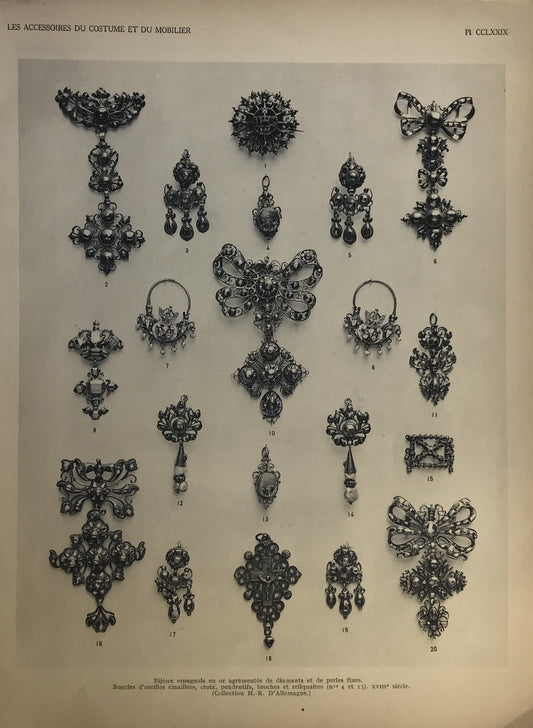 Iconographic Engravings – The Fine Arts (1851) - 18th Century Spanish Gold Jewelry with Diamonds &amp; Pearls - Les Accessoires du Costume et du Mobilier, Plate CCLXXIX