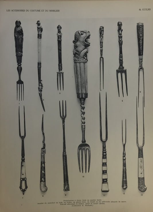 Iconographic Engravings – The Fine Arts (1851) 18th Century Ornate German & Italian Forks - Les Accessoires du Costume et du Mobilier, Plate CCCLXII