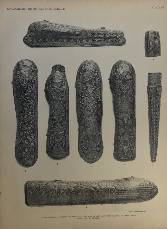 Iconographic Engravings – The Fine Arts (1851)  18th-Century Engraving of Ornate Leather Cutlery Sheaths - Les Accessoires du Costume et du Mobilier, Plate CCCLVII