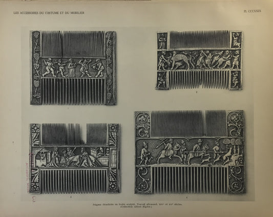 Iconographic Engravings – The Fine Arts (1851) 14th & 15th Century German Carved Ivory Combs