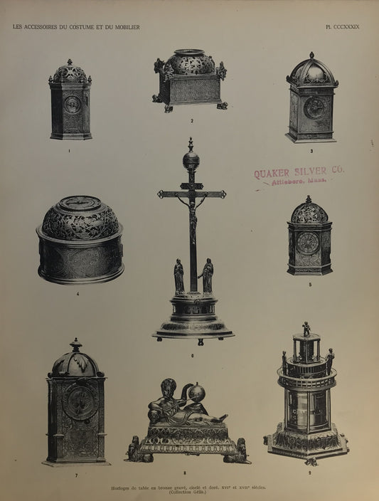 Iconographic Engravings – The Fine Arts (1851) 16th & 17th Century Table Clocks in Bronze