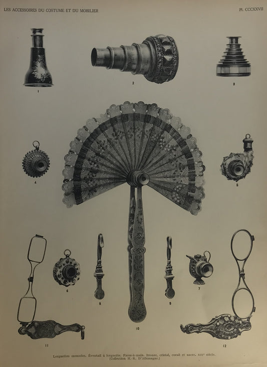 Iconographic Engravings – The Fine Arts (1851) 19th Century Lorgnettes, Monocles &amp; Hand Fans