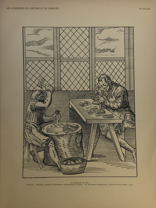 Iconographic Engravings – The Fine Arts (1851) 16th Century Dice Maker's Workshop Scene