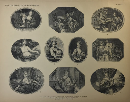 Iconographic Engravings – The Fine Arts (1851) 18th Century Decorative Snuffbox Lid Illustrations - Humorous and Sentimental Scenes