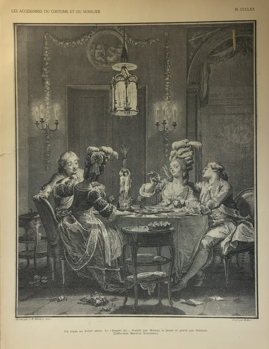 Iconographic Engravings – The Fine Arts (1851) 18th-century French dining scene titled "Un repas au XVIIIᵉ siècle" ("A Meal in the 18th Century"). The image is based on a work by Jean-Michel Moreau le Jeune and engraved by Helman