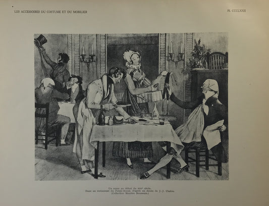 Iconographic Engravings – The Fine Arts (1851)  19th-Century French Restaurant Scene Un repas au début du XIXᵉ siècle – Engraving by J.-J. Chalon